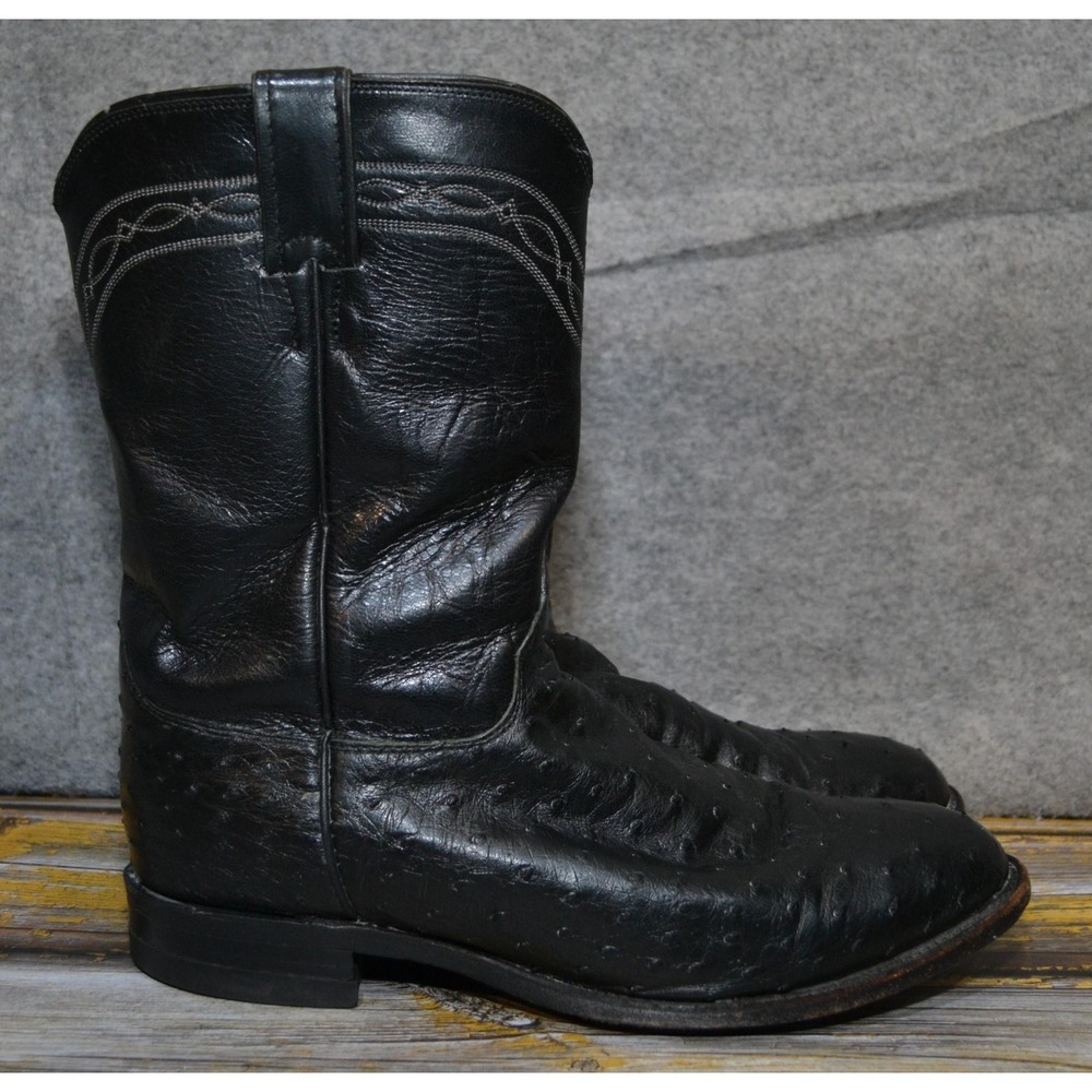 Justin FULL QUILL Boots Mens 9.5 EE Black Ostrich Western Exotic Roper USA $389+